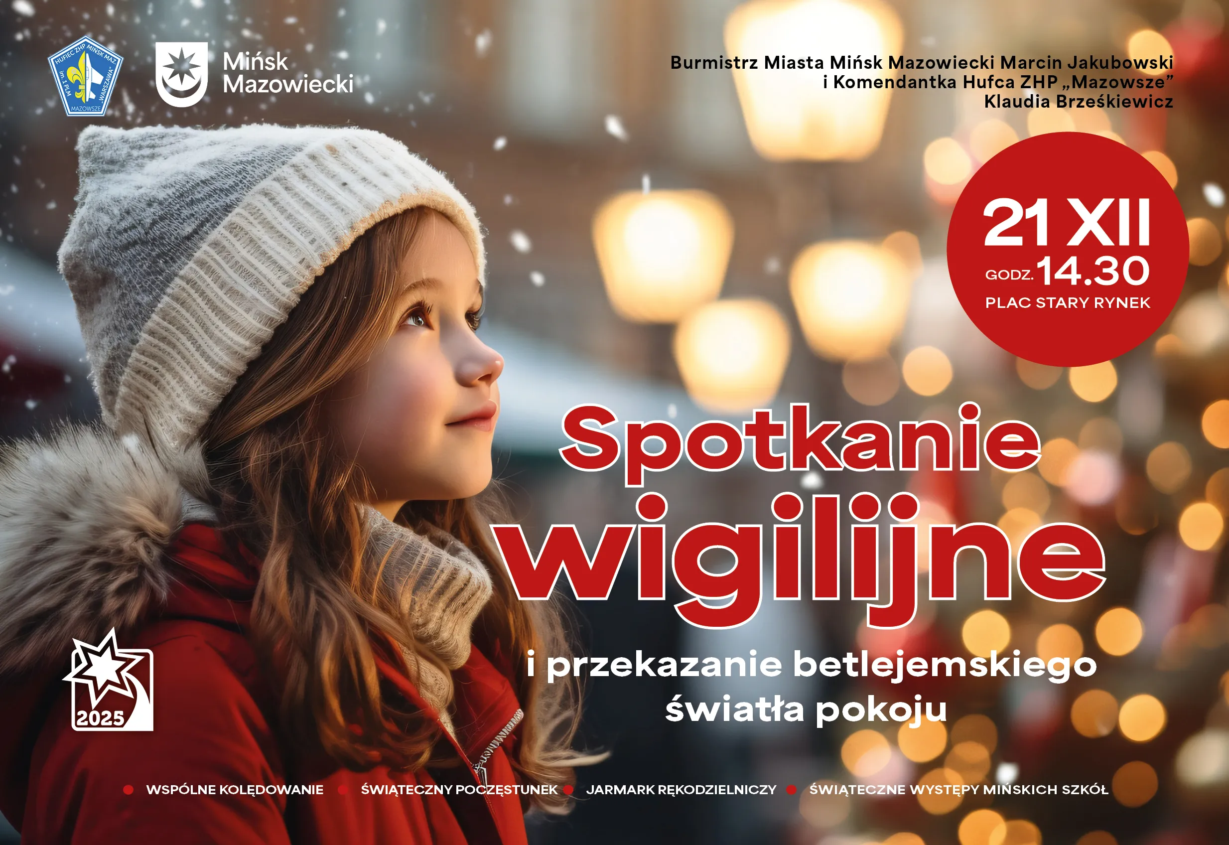 Dziewczynka w białej zimowej czapce i czerwonym płaszczu patrzy w górę, w tle rozmyte, ciepłe światła i padający śnieg.